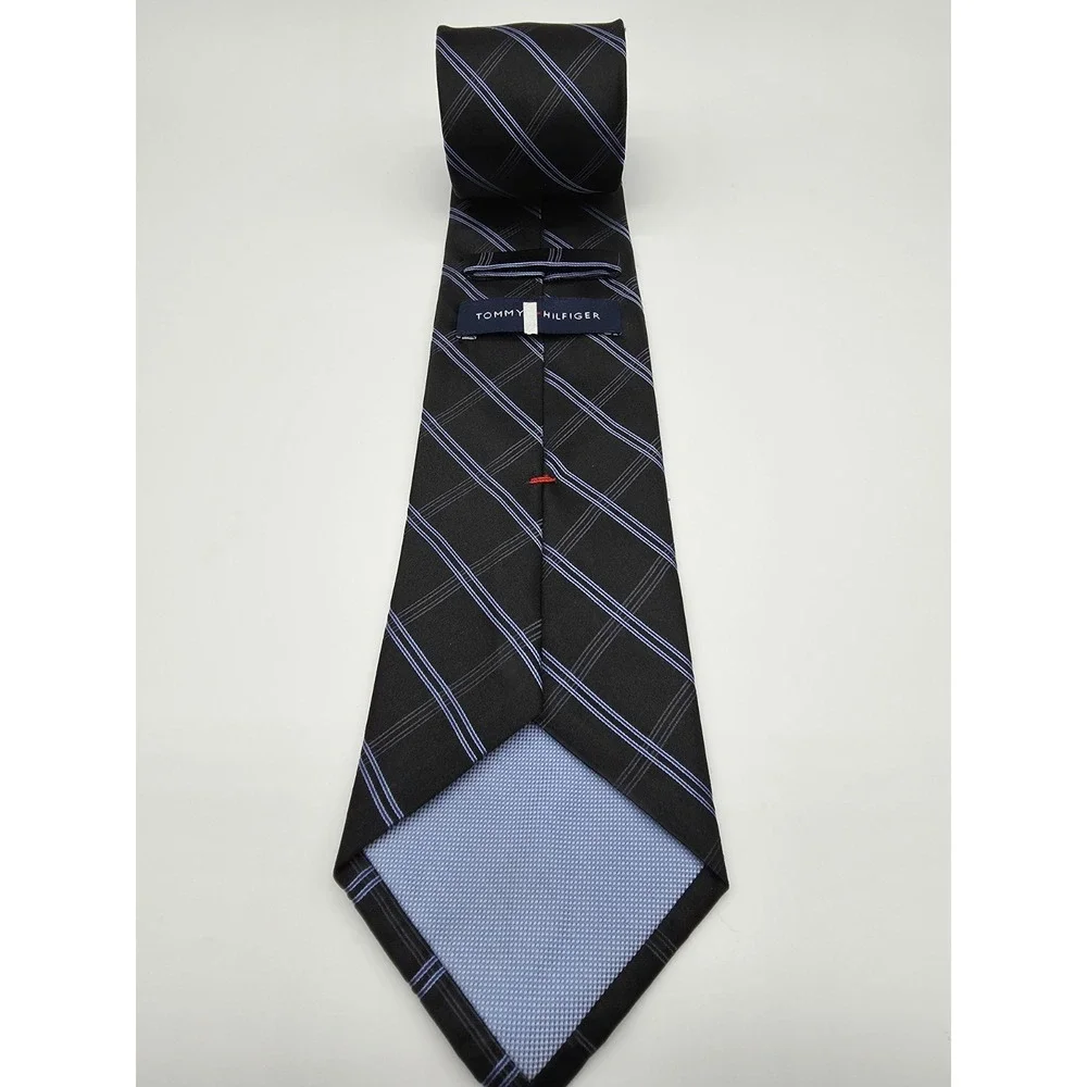 Tommy Hilfiger 100% Silk Necktie Light Blue Black Plaid Long Tie 64